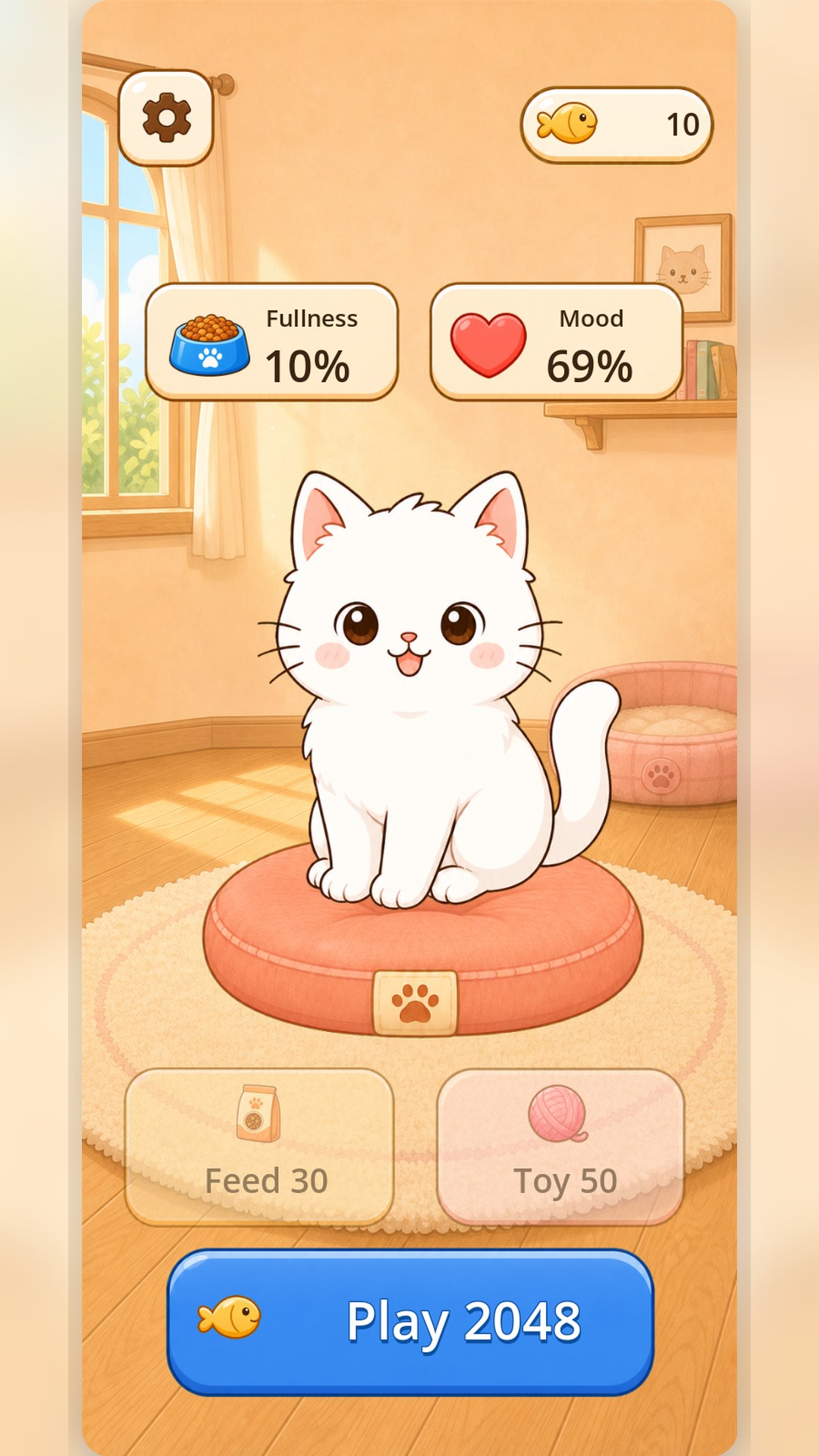 Snowball in a warm cat home with fullness, mood, feeding and toy controls