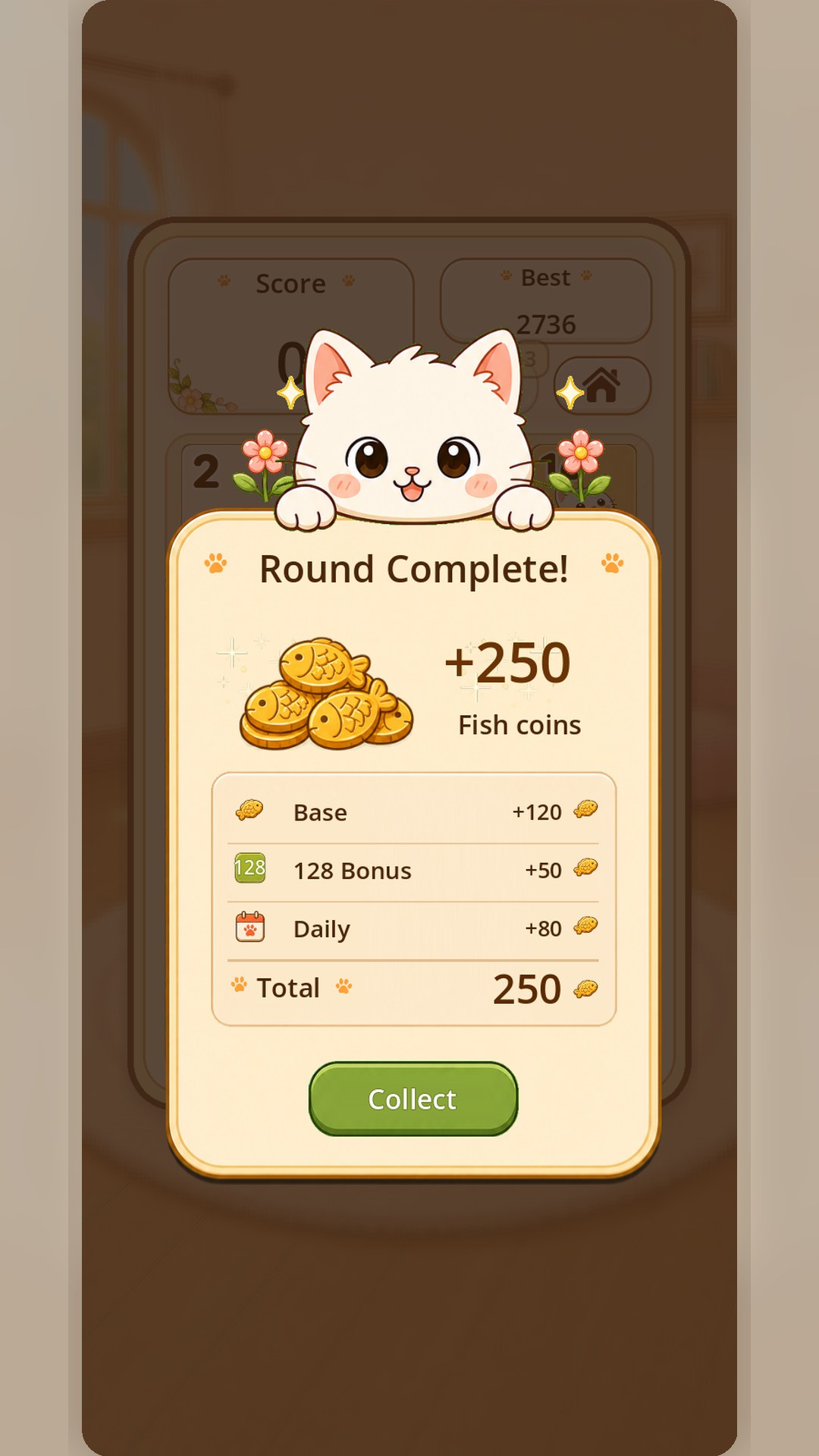 Mewo 2048 round-complete panel showing fish-coin rewards