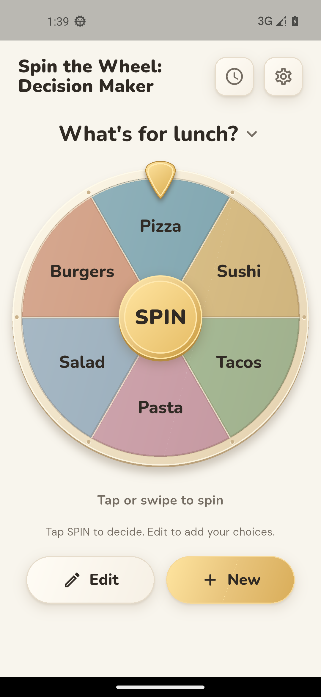 Spin! 应用真实界面:用六个午餐选项组成的自定义转盘